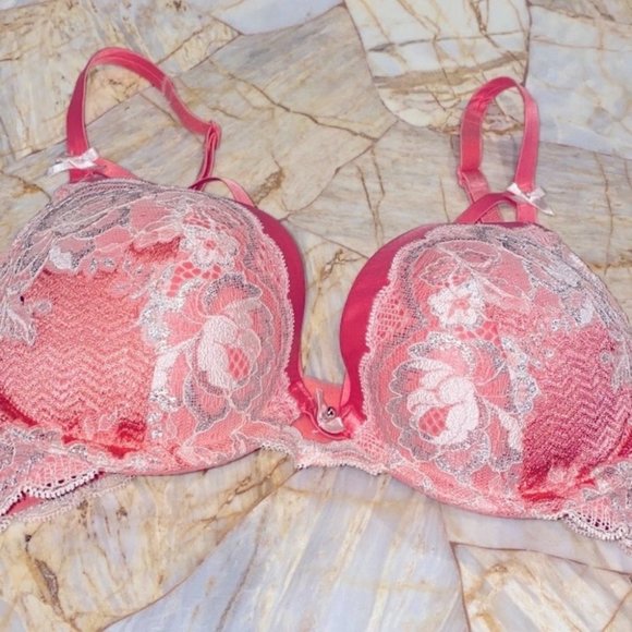 Victoria's Secret DreamAngels Push-Up Bra 32C Seduction Shimmer Lace Orange Pink